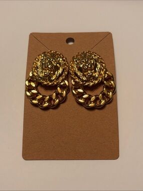Vintage Anne Klein Style Gold Lion Head Door Knocker Earrings | 1980s Statement